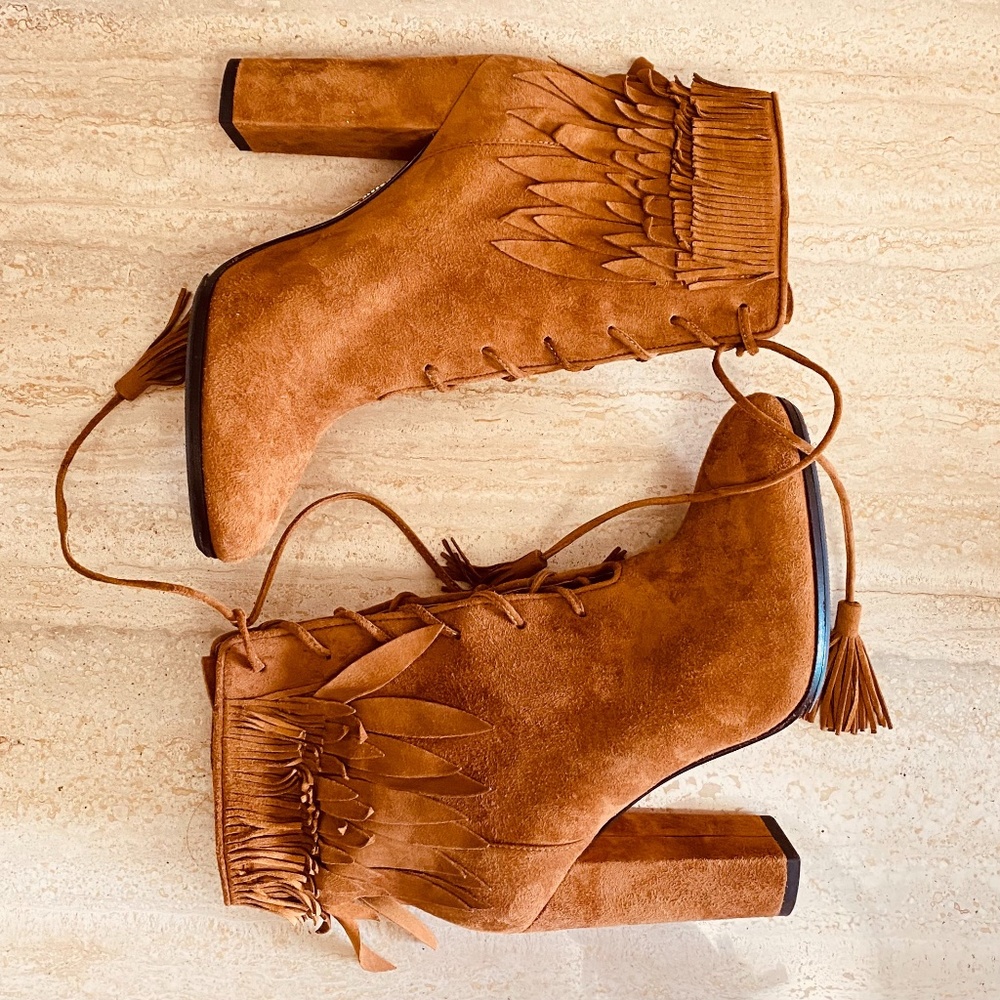 Aquazzura Woodstock Suede Fringe Bootie, Cognac